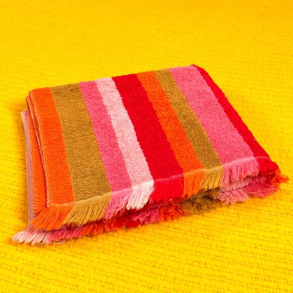 Vintage 70s CALDWELL Cotton Bath Towel 22.5" x 39": Pink Green Orange Stripes - Picture 10 of 10